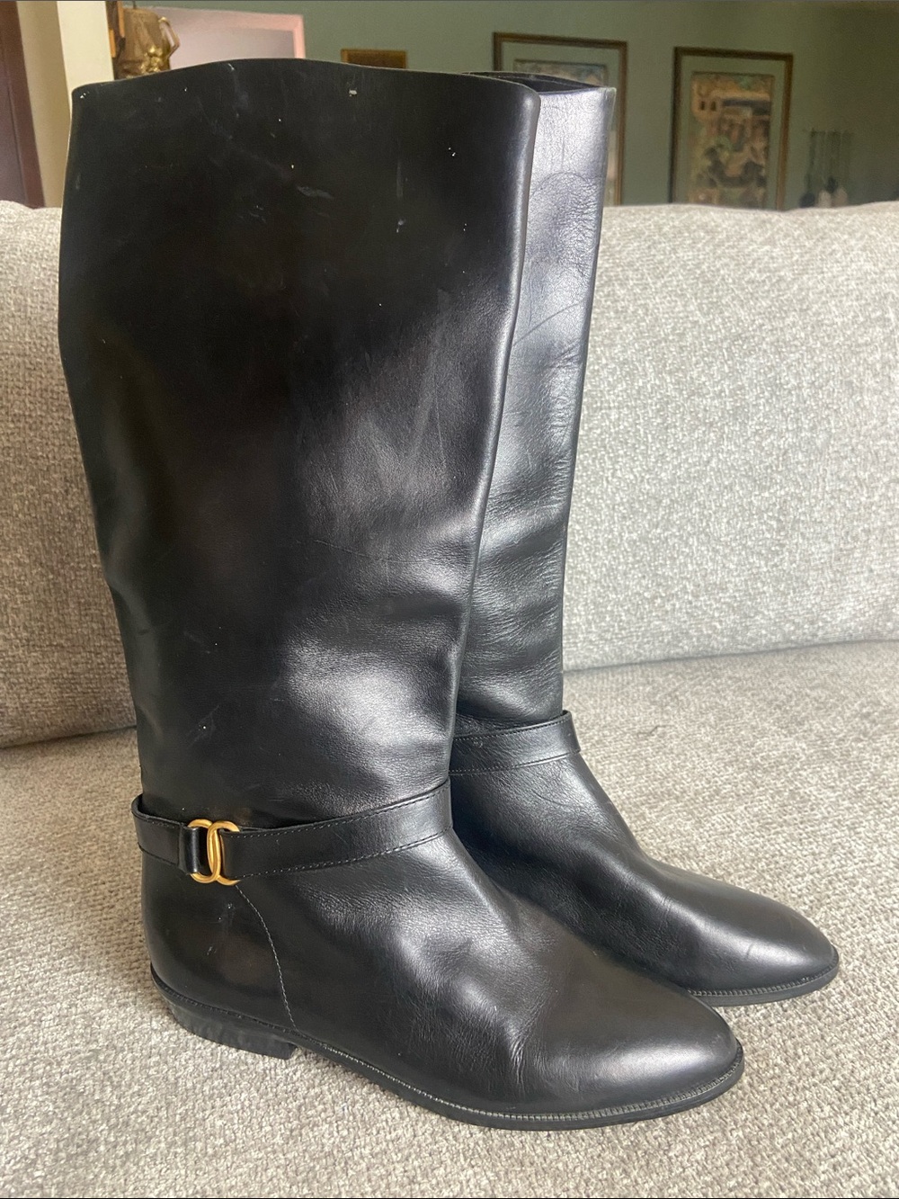 Etienne Aigner Black Leather Knee-High Boots with Gold Buckle size 6 M